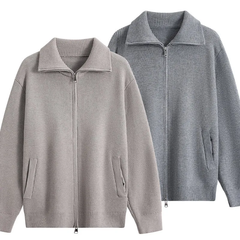 Herren Strick-Zipjacke mit Stehkragen, gerippter Struktur und Oversized-Schnitt Drune