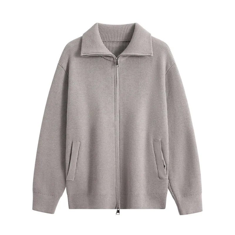 Herren Strick-Zipjacke mit Stehkragen, gerippter Struktur und Oversized-Schnitt Drune