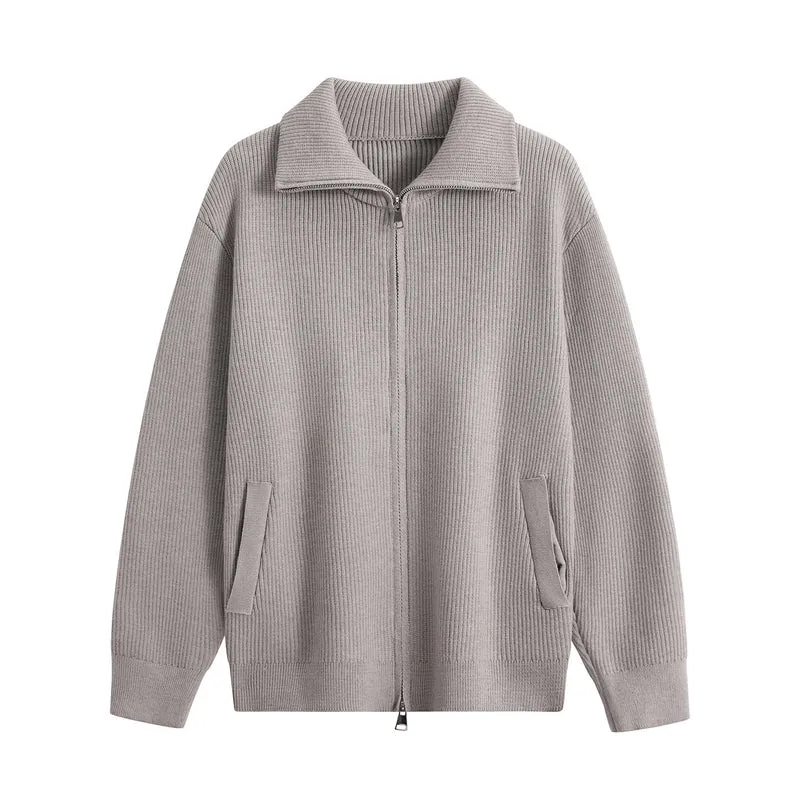 Herren Strick-Zipjacke mit Stehkragen, gerippter Struktur und Oversized-Schnitt Drune