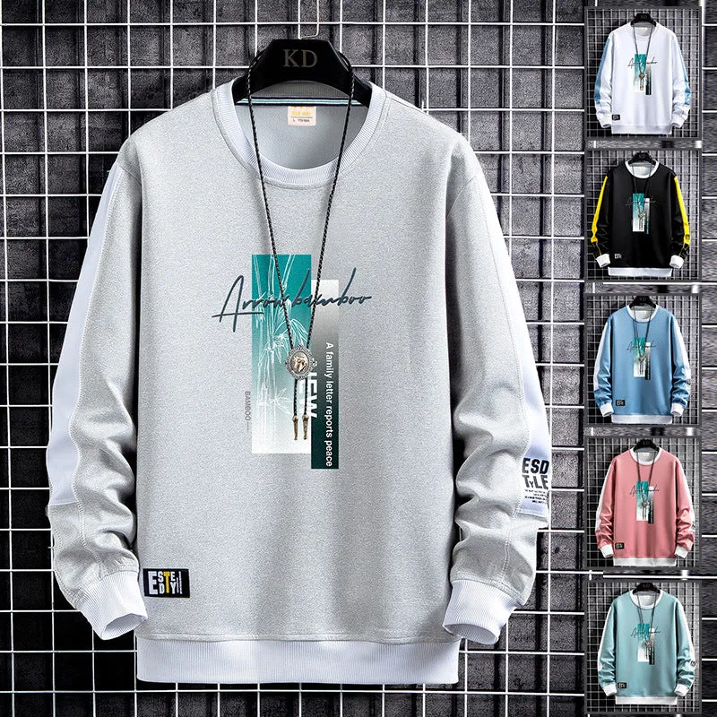 Herren Sportlich‑urbanes Rundhals‑Sweatshirt mit Kontrastärmeln, gerippten Bündchen & frontalem Grafikprint Drune