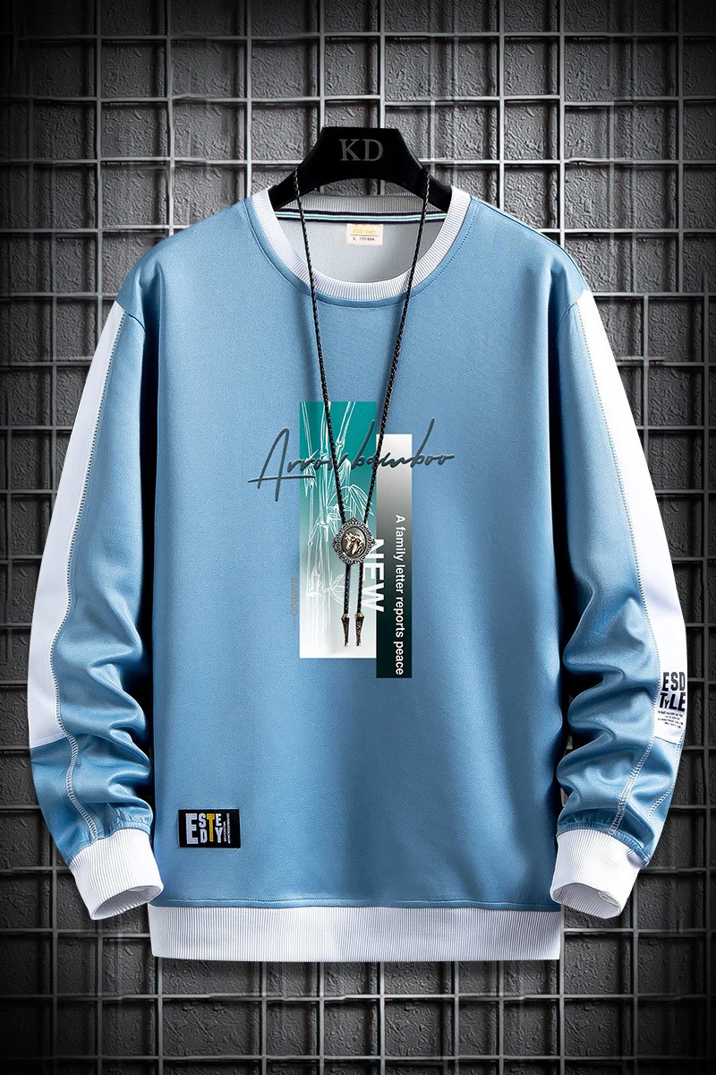 Herren Sportlich‑urbanes Rundhals‑Sweatshirt mit Kontrastärmeln, gerippten Bündchen & frontalem Grafikprint Drune