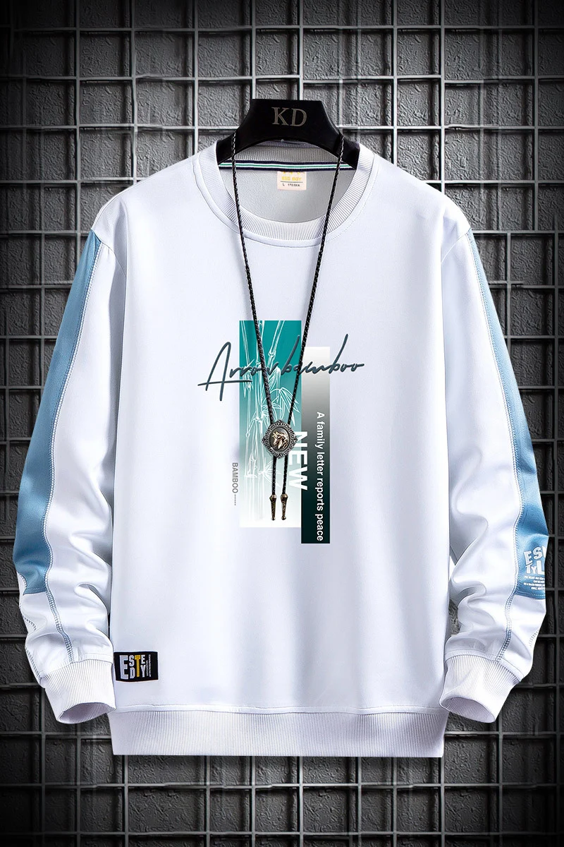 Herren Sportlich‑urbanes Rundhals‑Sweatshirt mit Kontrastärmeln, gerippten Bündchen & frontalem Grafikprint Drune