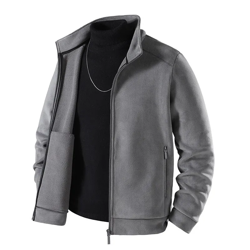 Herren Schlichte Velours-Optik Übergangsjacke mit hochschließendem Stehkragen, verdecktem Zwei-Wege-Reißverschluss & Zip-Taschen Drune