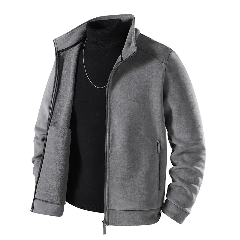 Herren Schlichte Velours-Optik Übergangsjacke mit hochschließendem Stehkragen, verdecktem Zwei-Wege-Reißverschluss & Zip-Taschen Drune