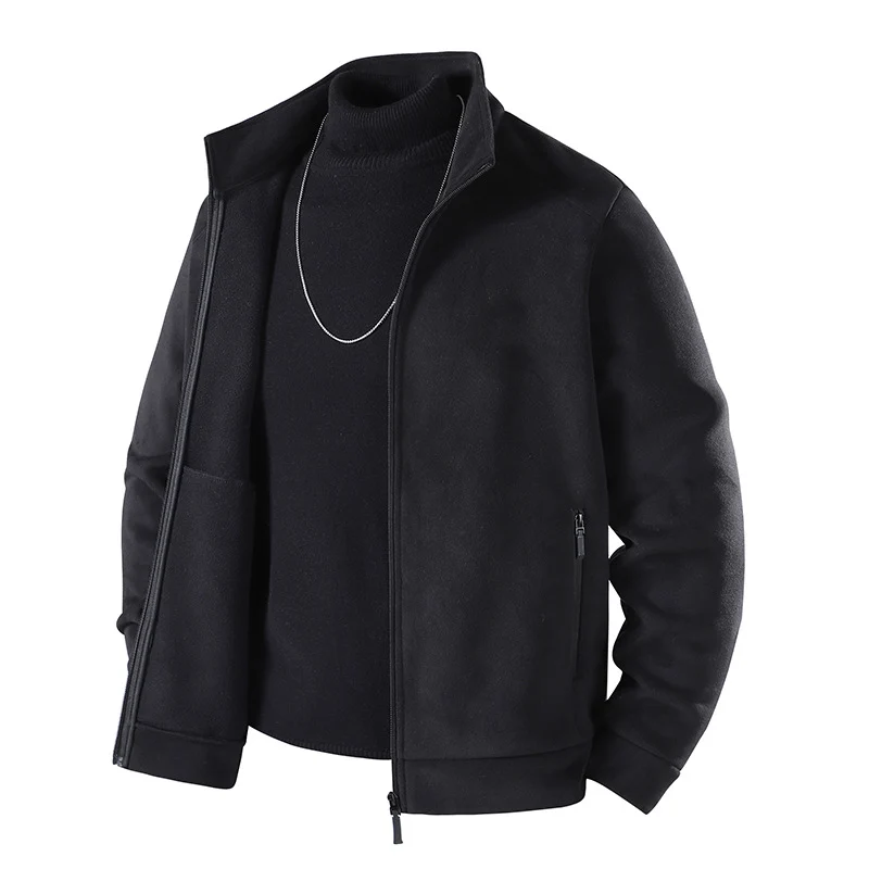 Herren Schlichte Velours-Optik Übergangsjacke mit hochschließendem Stehkragen, verdecktem Zwei-Wege-Reißverschluss & Zip-Taschen Drune