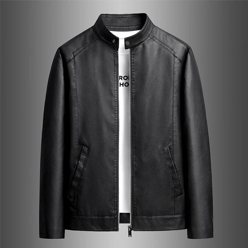 Herren Schlichte Kunstleder-Cityjacke mit Stehkragen, Zweiwege-Reißverschluss & Eingrifftaschen Drune