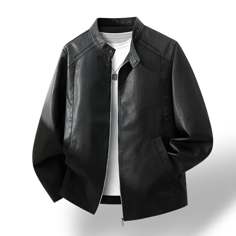 Herren Schlichte Kunstleder-Cityjacke mit Stehkragen, Zweiwege-Reißverschluss & Eingrifftaschen Drune