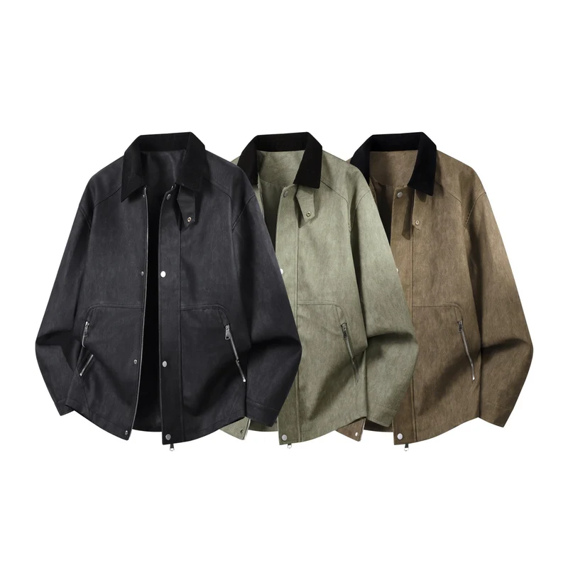 Herren Robuste Kunstleder‑Bomberjacke mit Cordkragen, Zwei‑Wege‑Reißverschluss & Reißverschluss‑Taschen Drune