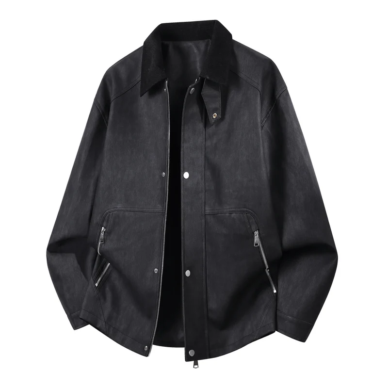 Herren Robuste Kunstleder‑Bomberjacke mit Cordkragen, Zwei‑Wege‑Reißverschluss & Reißverschluss‑Taschen Drune