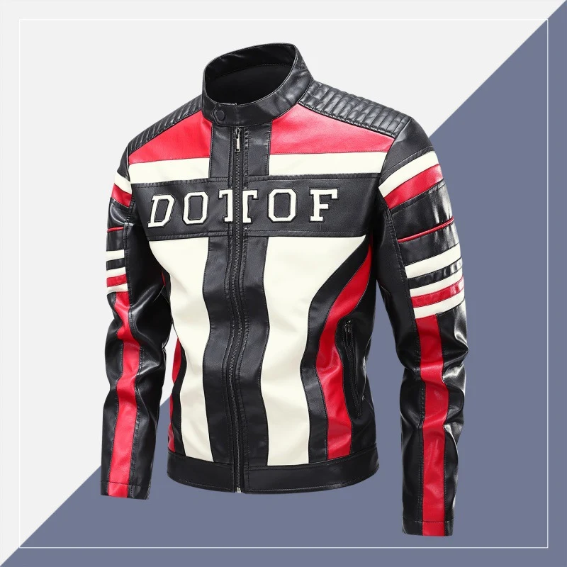 Herren Racing-Lederimitat-Bikerjacke mit Stehkragen, gesteppter Schulterpartie & Kontrast-Colourblocking Drune