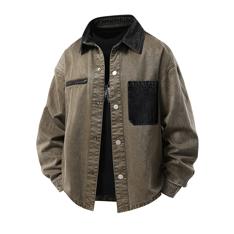 Herren Oversized Denim‑Überhemdjacke mit Druckknopffront, Brusttaschen & Reißverschluss-Detail Drune