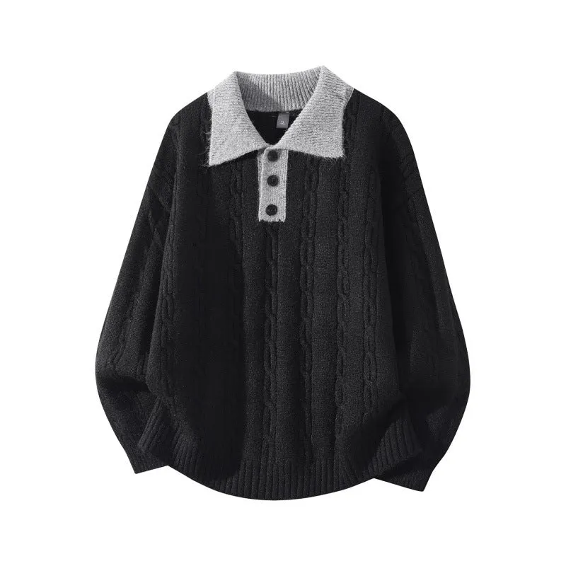 Herren Oversize Zopfmuster-Polo-Strickpullover mit Kontrastkragen und Dreiknopfleiste Drune