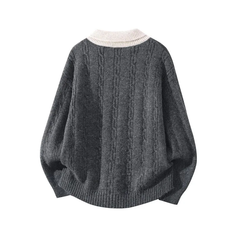 Herren Oversize Zopfmuster-Polo-Strickpullover mit Kontrastkragen und Dreiknopfleiste Drune
