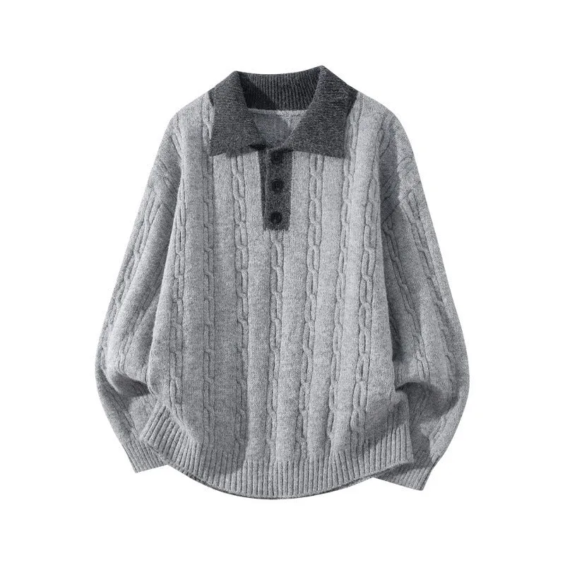 Herren Oversize Zopfmuster-Polo-Strickpullover mit Kontrastkragen und Dreiknopfleiste Drune