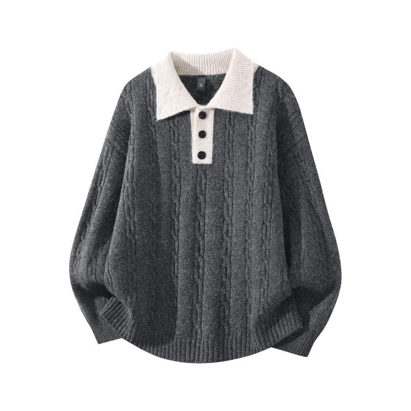 Herren Oversize Zopfmuster-Polo-Strickpullover mit Kontrastkragen und Dreiknopfleiste Drune