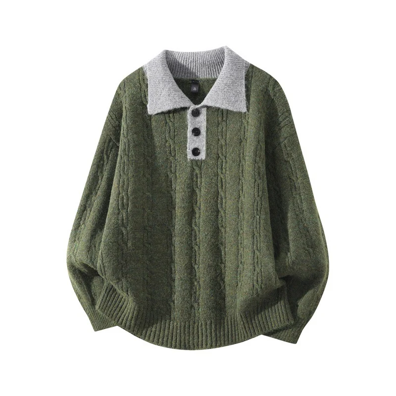 Herren Oversize Zopfmuster-Polo-Strickpullover mit Kontrastkragen und Dreiknopfleiste Drune