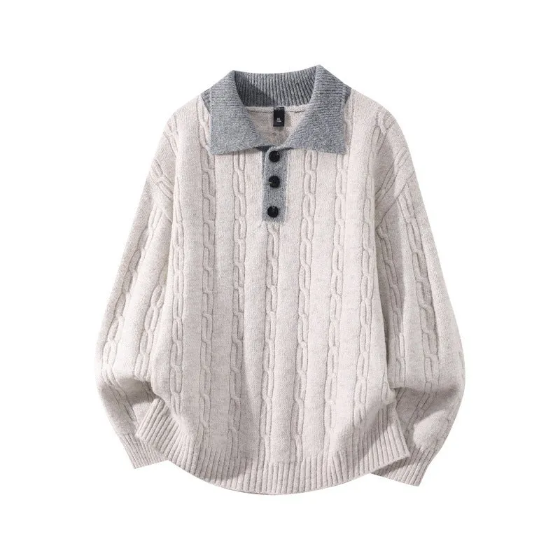 Herren Oversize Zopfmuster-Polo-Strickpullover mit Kontrastkragen und Dreiknopfleiste Drune