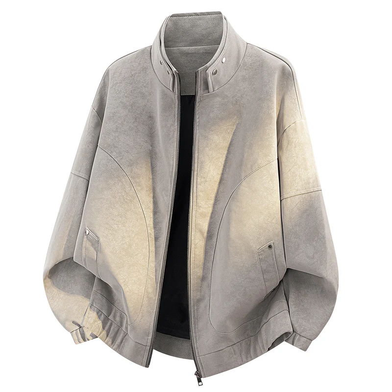 Herren Oversize Velours-Optik Bomberjacke mit hohem Stehkragen, asymmetrischer Brustpasse & elastischem Saum Drune