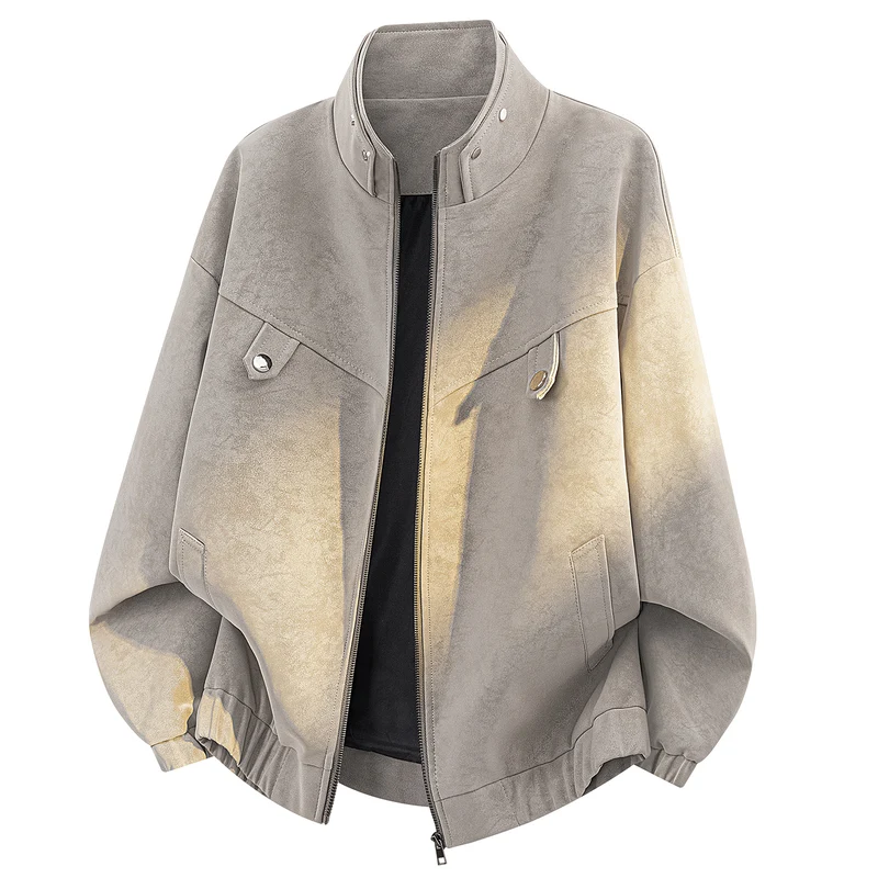 Herren Oversize Velours-Optik Bomberjacke mit hohem Stehkragen, asymmetrischer Brustpasse & elastischem Saum Drune