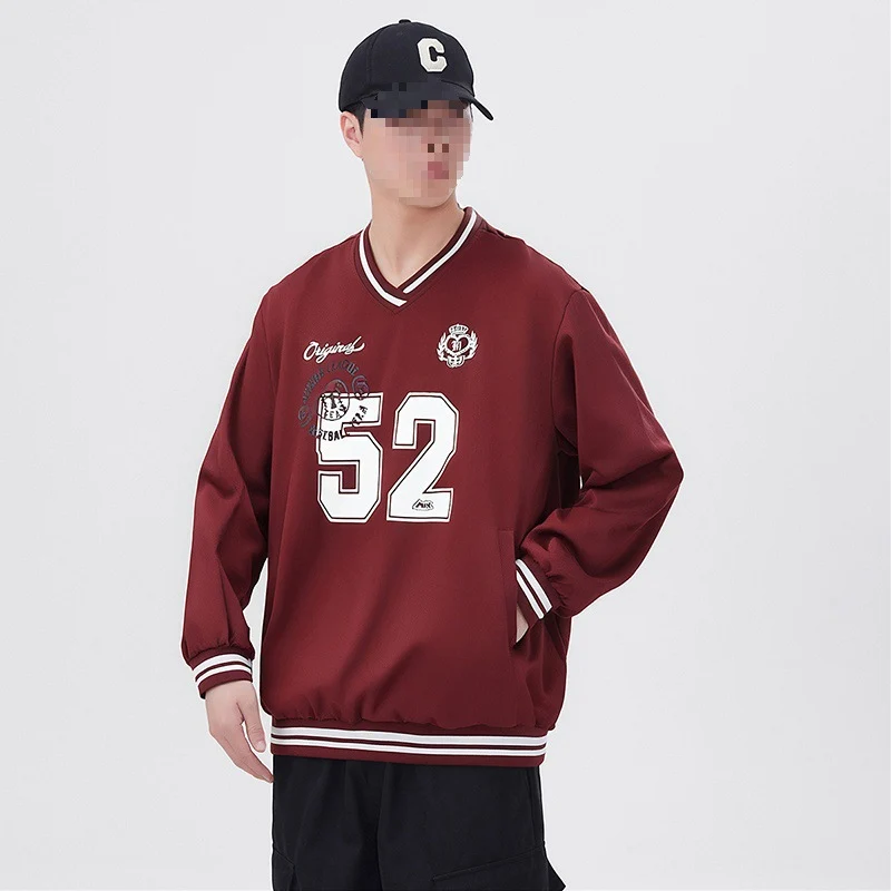 Herren Oversize V‑Ausschnitt Sportsweatshirt im College‑Look mit gestreiften Bündchen Drune