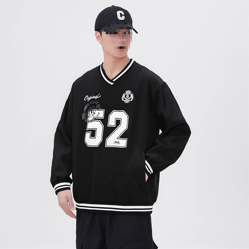 Herren Oversize V‑Ausschnitt Sportsweatshirt im College‑Look mit gestreiften Bündchen Drune