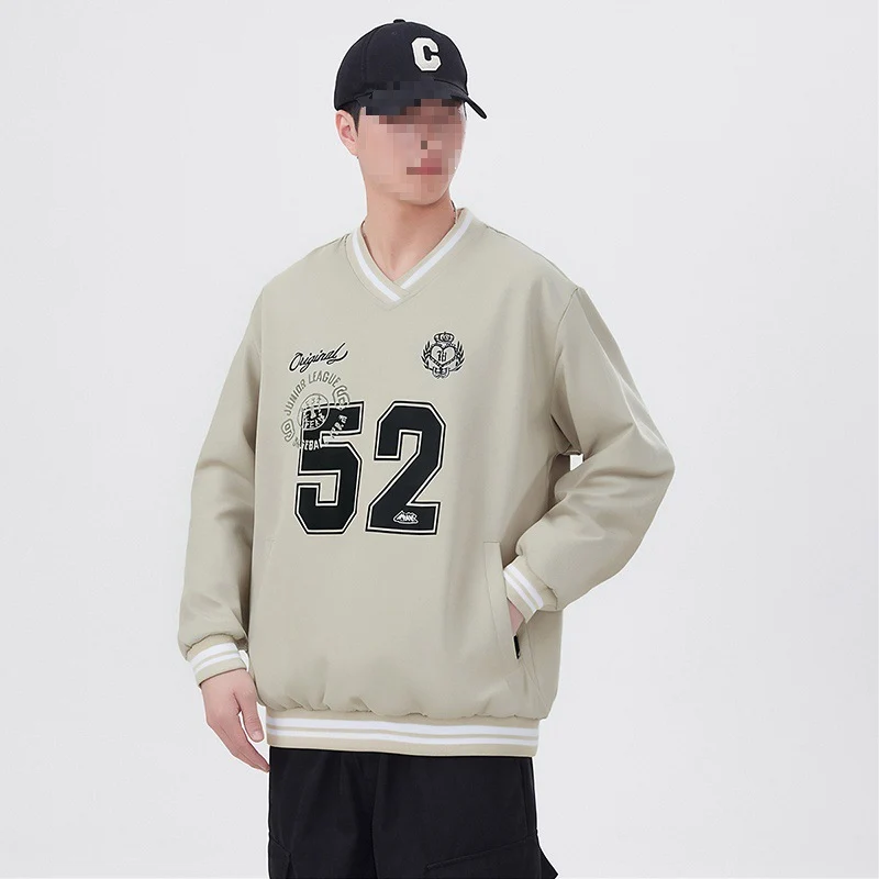 Herren Oversize V‑Ausschnitt Sportsweatshirt im College‑Look mit gestreiften Bündchen Drune