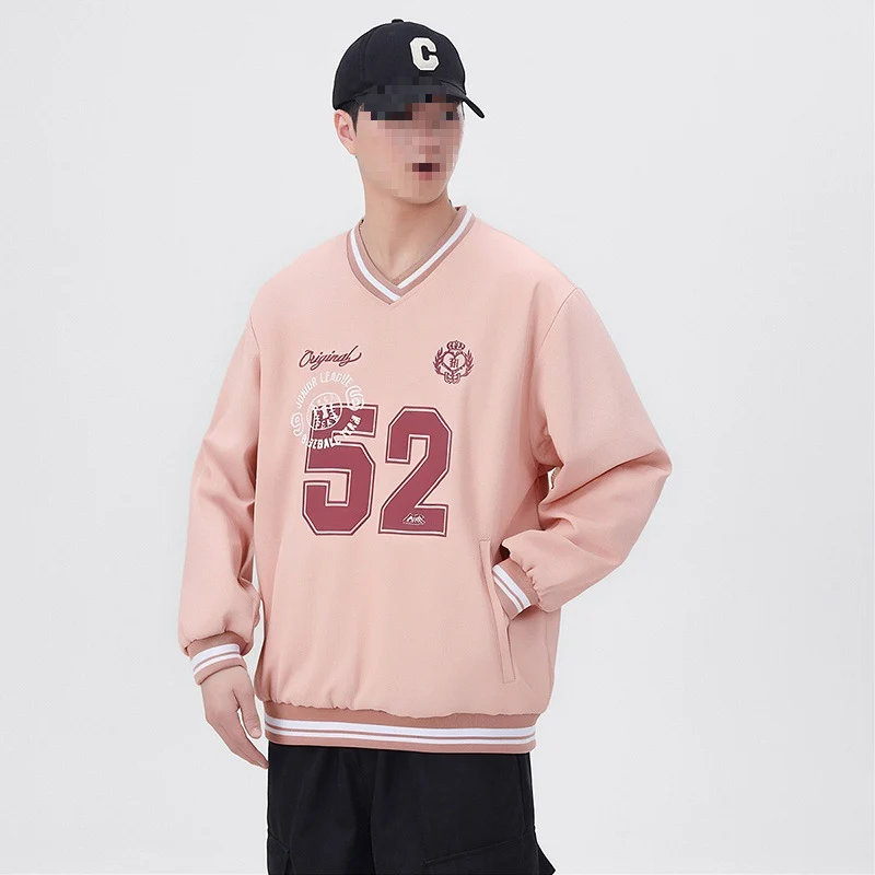 Herren Oversize V‑Ausschnitt Sportsweatshirt im College‑Look mit gestreiften Bündchen Drune