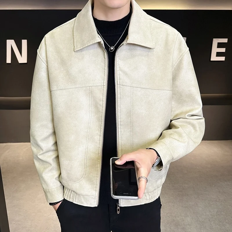 Herren Oversize Utility-Bomberjacke aus Kunstleder mit geripptem Saum und Hemdkragen Drune