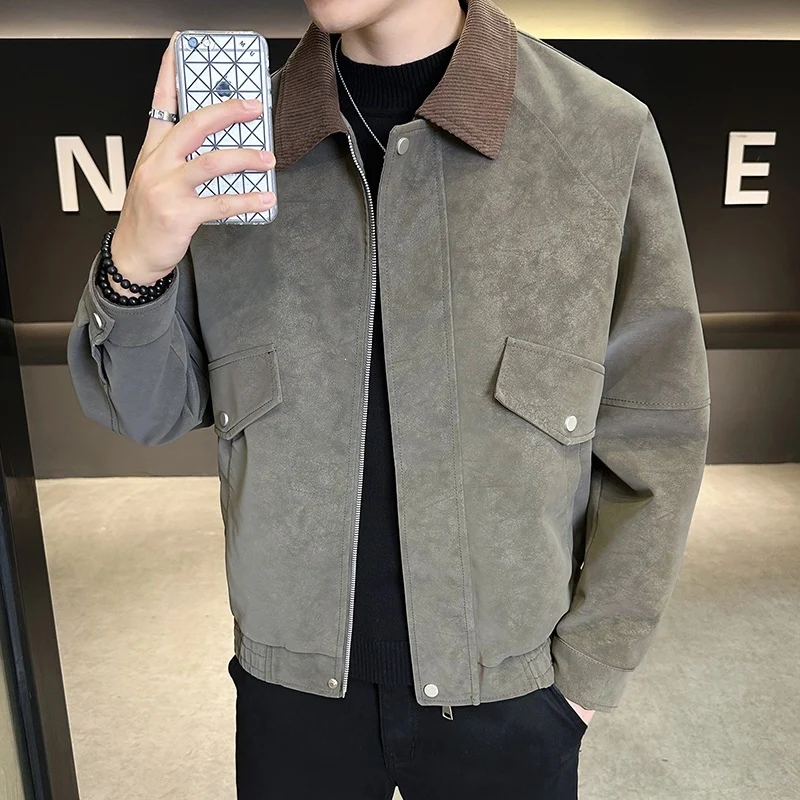 Herren Oversize Utility-Bomberjacke aus Kunstleder mit geripptem Saum und Hemdkragen Drune