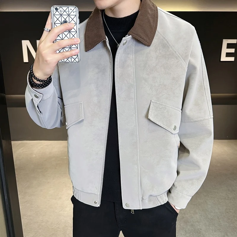 Herren Oversize Utility-Bomberjacke aus Kunstleder mit geripptem Saum und Hemdkragen Drune