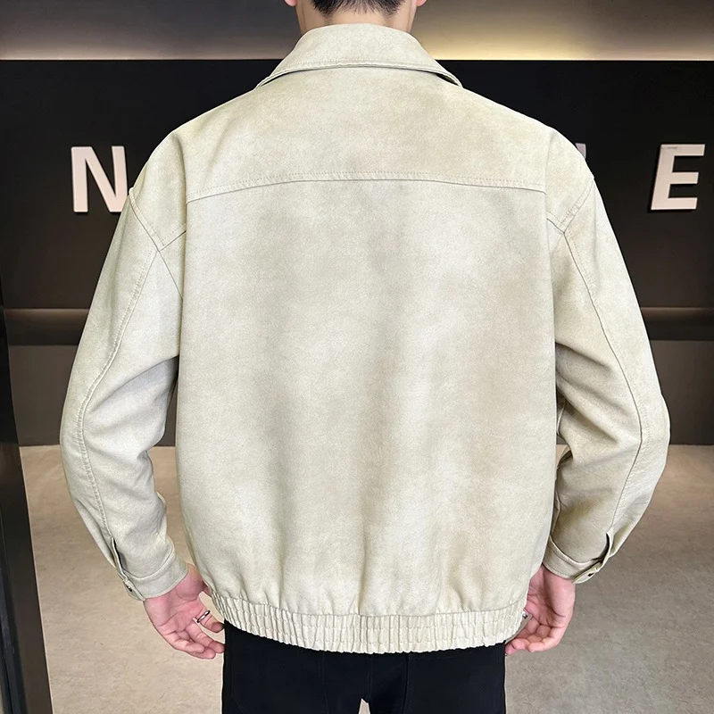 Herren Oversize Utility-Bomberjacke aus Kunstleder mit geripptem Saum und Hemdkragen Drune