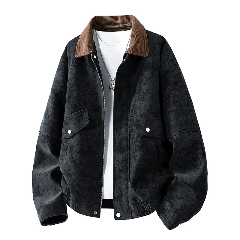 Herren Oversize Utility-Bomberjacke aus Kunstleder mit geripptem Saum und Hemdkragen Drune
