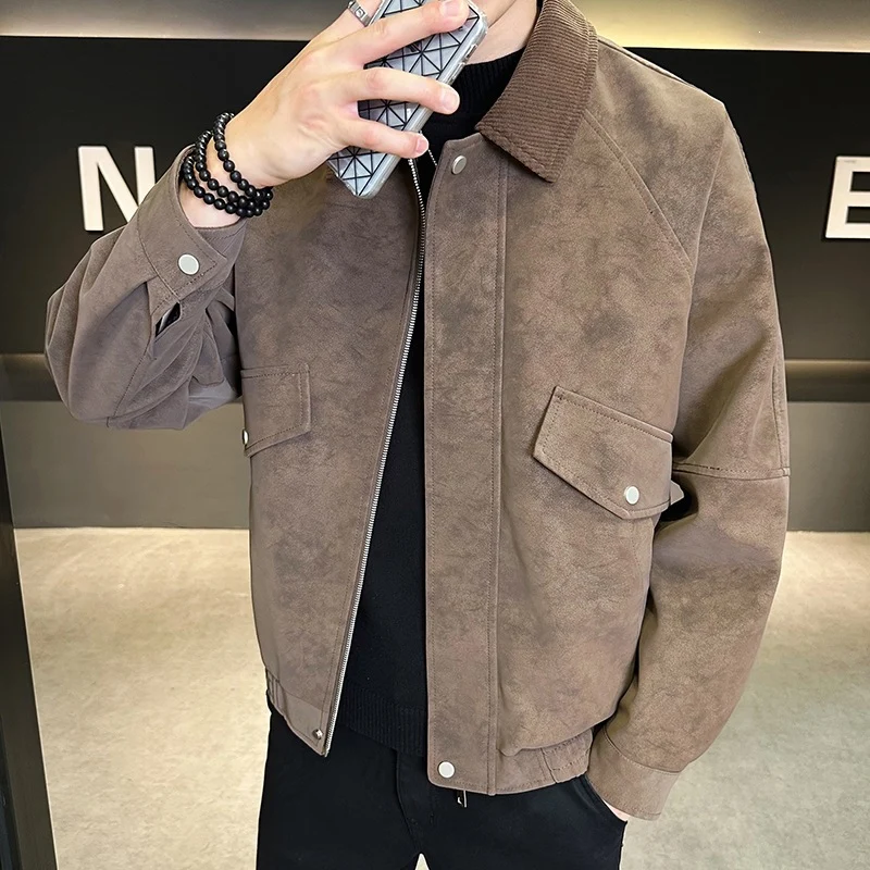 Herren Oversize Utility-Bomberjacke aus Kunstleder mit geripptem Saum und Hemdkragen Drune