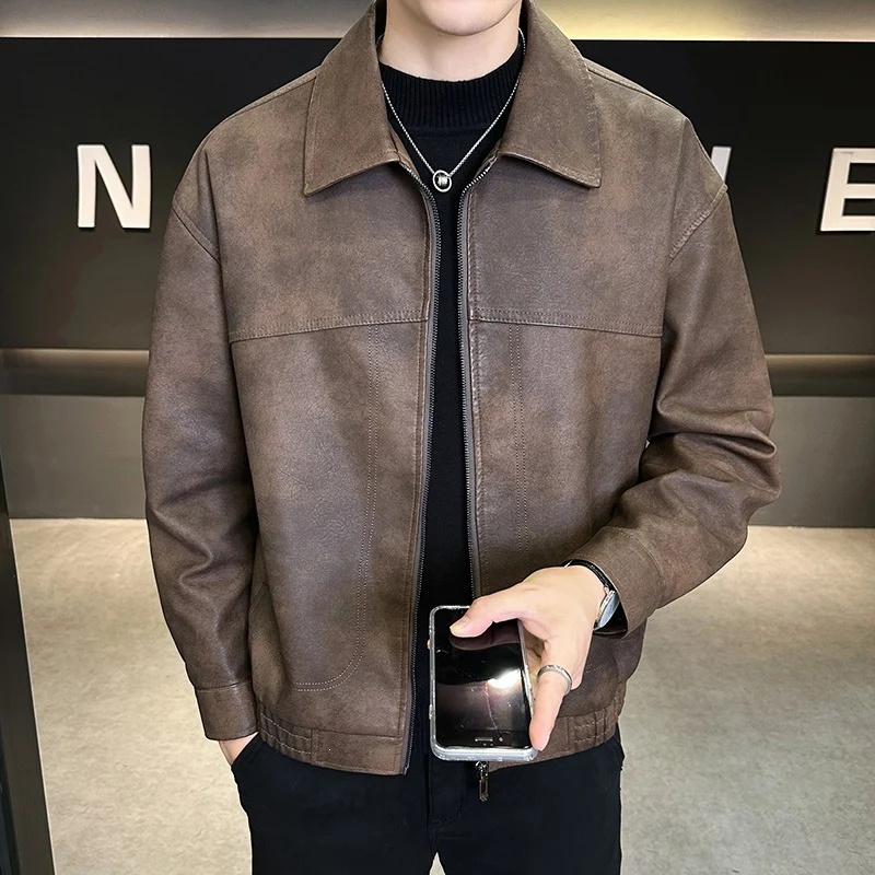 Herren Oversize Utility-Bomberjacke aus Kunstleder mit geripptem Saum und Hemdkragen Drune
