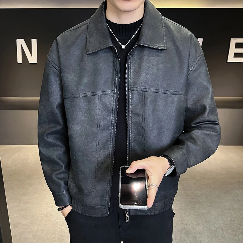 Herren Oversize Utility-Bomberjacke aus Kunstleder mit geripptem Saum und Hemdkragen Drune