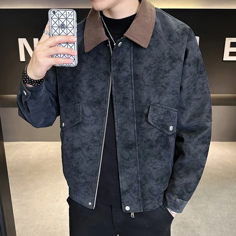 Herren Oversize Utility-Bomberjacke aus Kunstleder mit geripptem Saum und Hemdkragen Drune