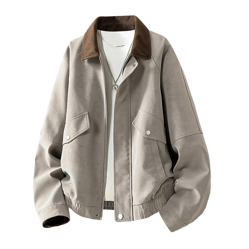 Herren Oversize Utility-Bomberjacke aus Kunstleder mit geripptem Saum und Hemdkragen Drune