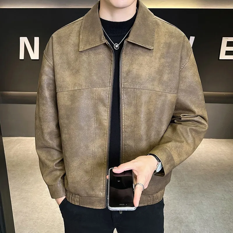 Herren Oversize Utility-Bomberjacke aus Kunstleder mit geripptem Saum und Hemdkragen Drune