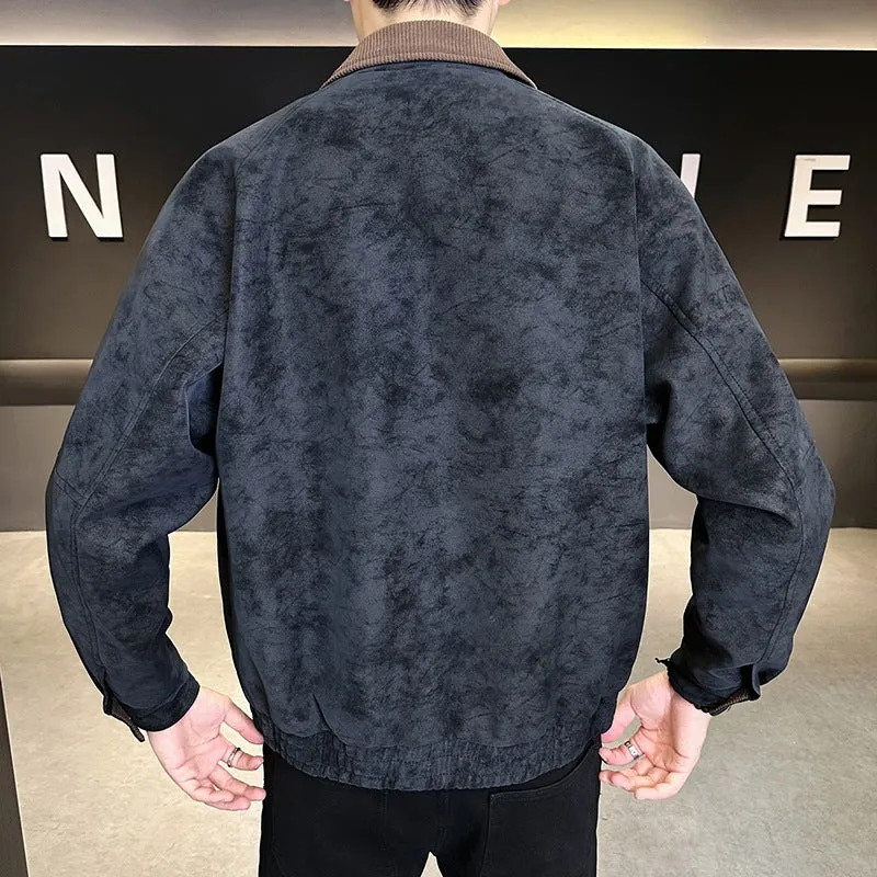 Herren Oversize Utility-Bomberjacke aus Kunstleder mit geripptem Saum und Hemdkragen Drune
