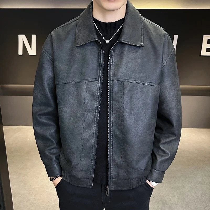 Herren Oversize Utility-Bomberjacke aus Kunstleder mit geripptem Saum und Hemdkragen Drune