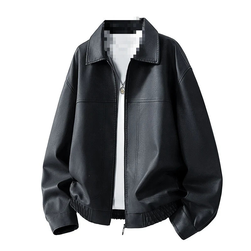 Herren Oversize Utility-Bomberjacke aus Kunstleder mit geripptem Saum und Hemdkragen Drune