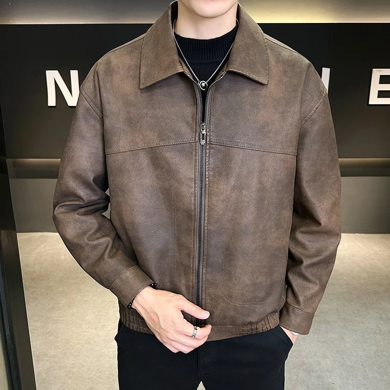 Herren Oversize Utility-Bomberjacke aus Kunstleder mit geripptem Saum und Hemdkragen Drune