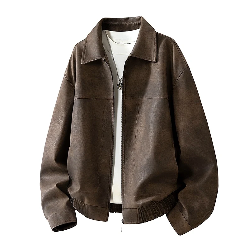 Herren Oversize Utility-Bomberjacke aus Kunstleder mit geripptem Saum und Hemdkragen Drune