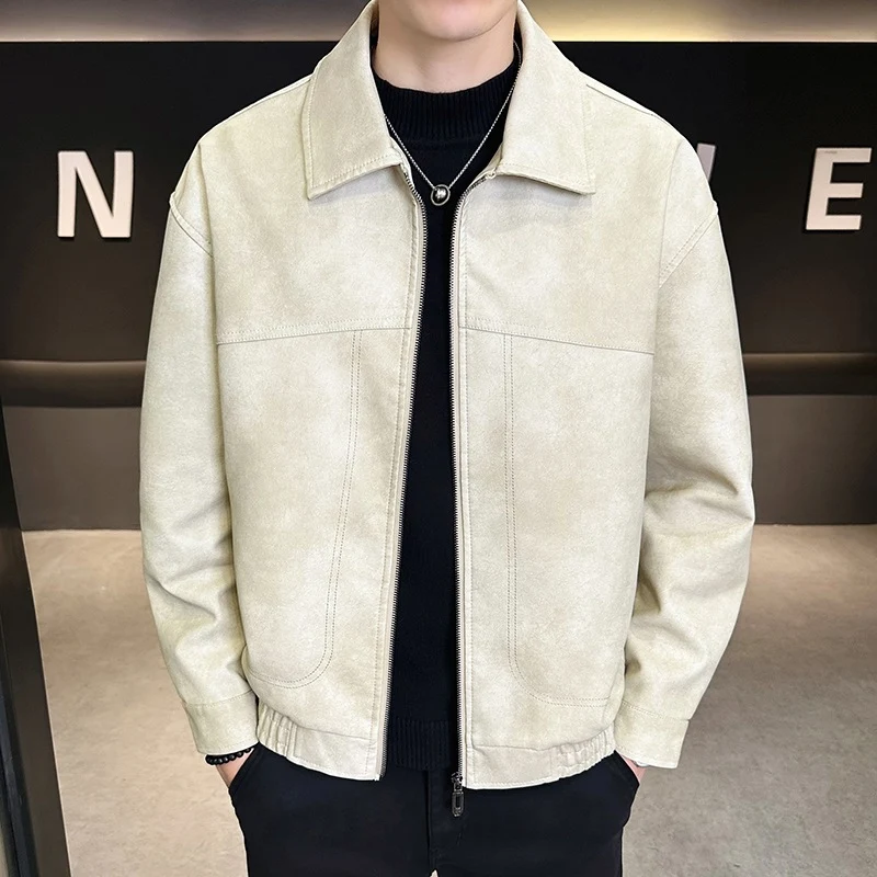 Herren Oversize Utility-Bomberjacke aus Kunstleder mit geripptem Saum und Hemdkragen Drune