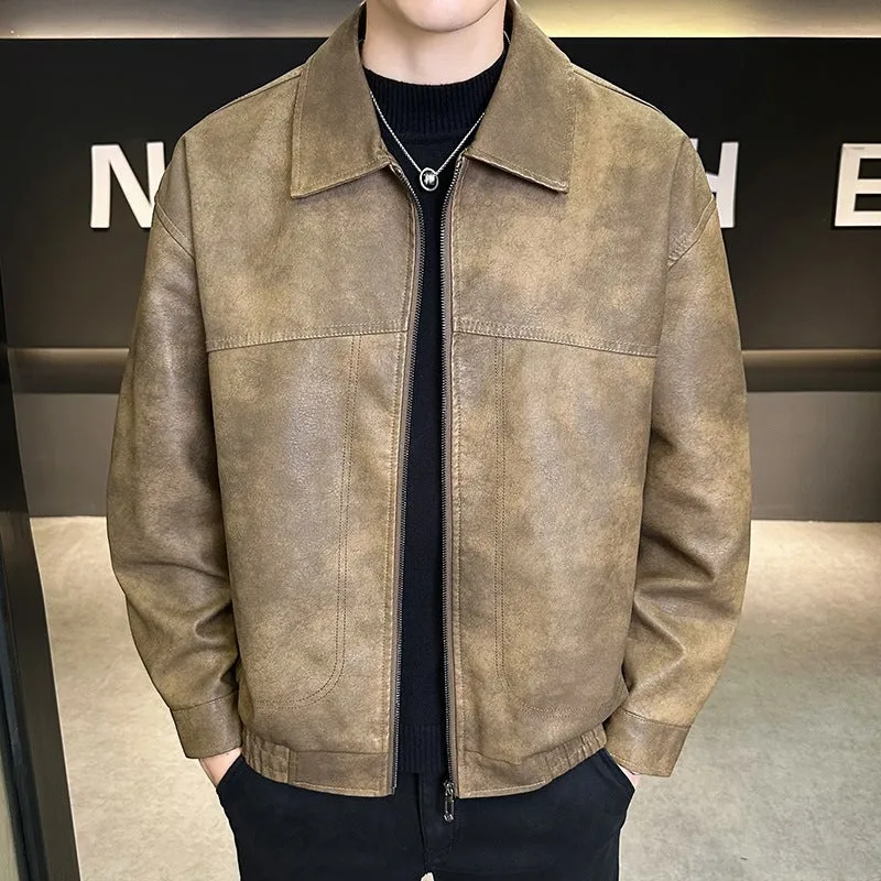 Herren Oversize Utility-Bomberjacke aus Kunstleder mit geripptem Saum und Hemdkragen Drune