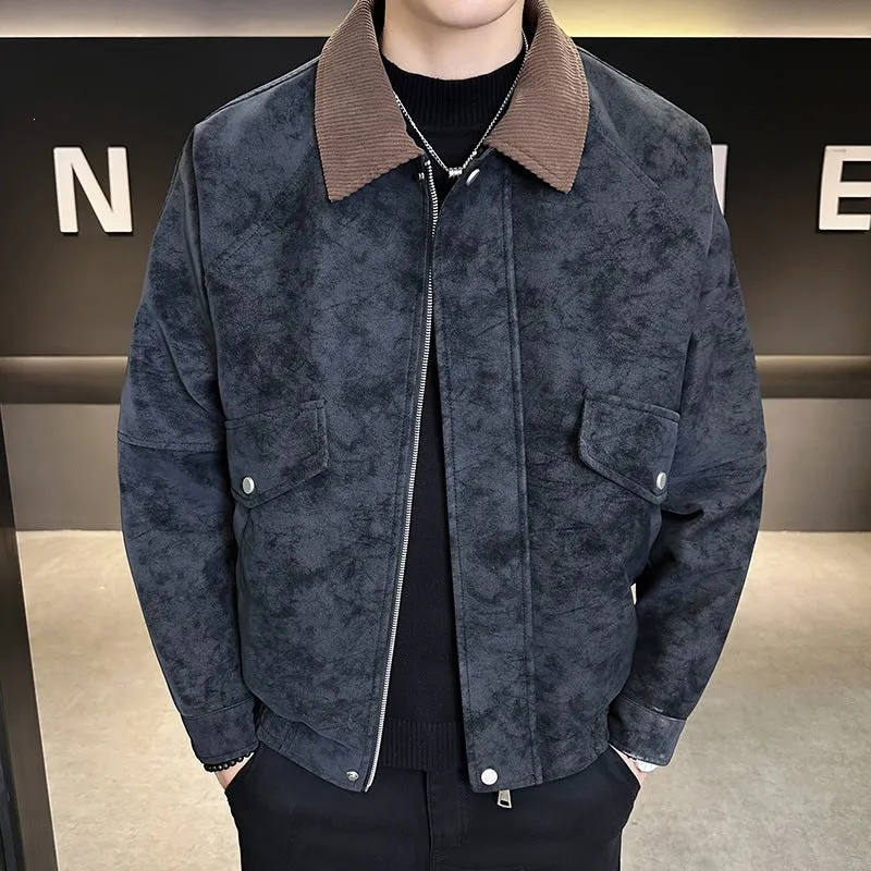 Herren Oversize Utility-Bomberjacke aus Kunstleder mit geripptem Saum und Hemdkragen Drune