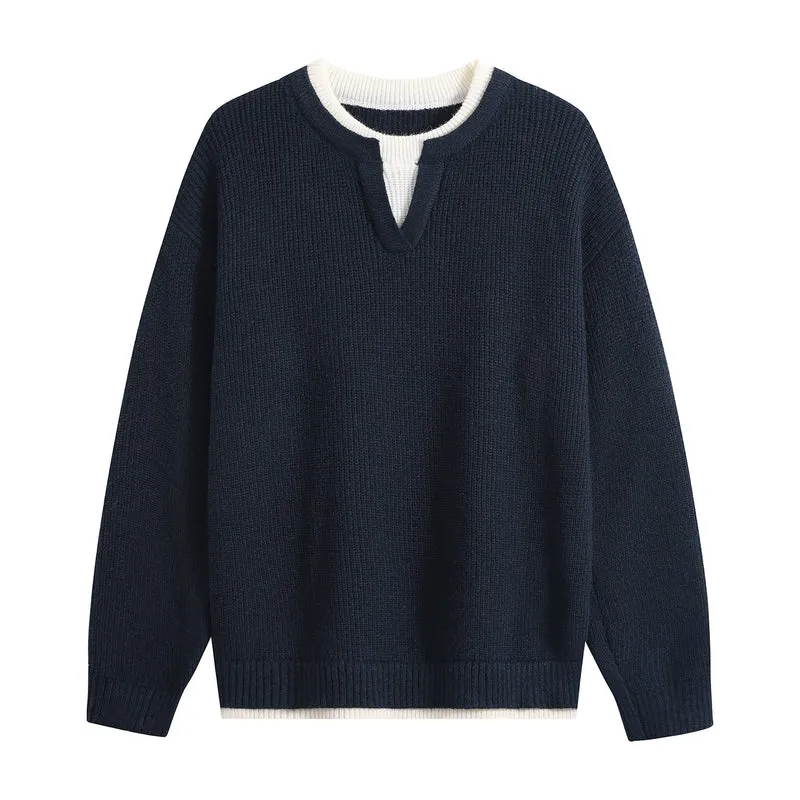 Herren Oversize-Strukturstrick-Pullover mit V‑Einsatz am Rundhals Drune