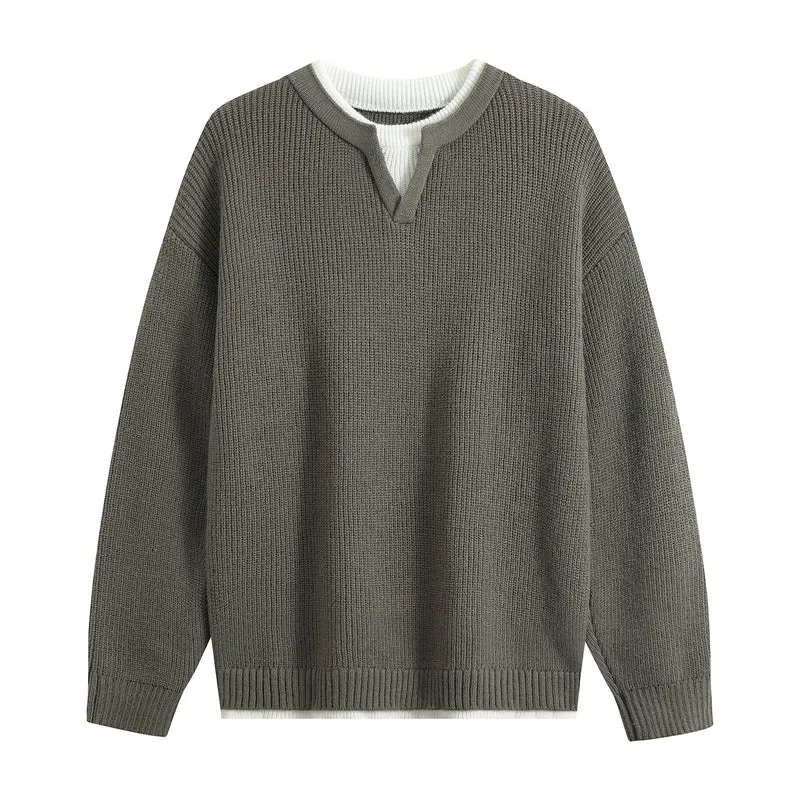 Herren Oversize-Strukturstrick-Pullover mit V‑Einsatz am Rundhals Drune