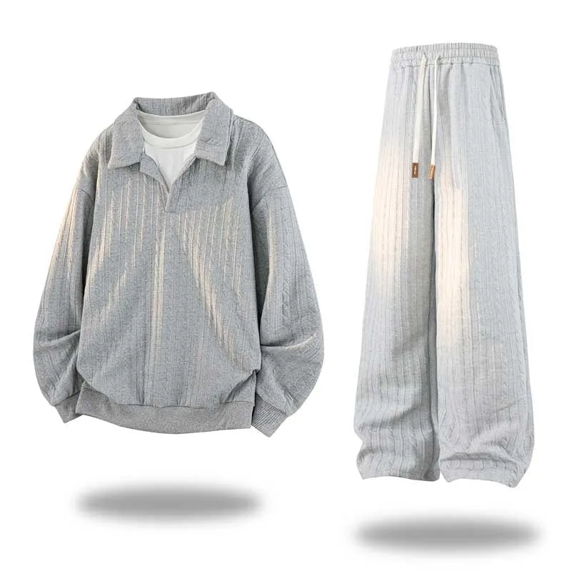 Herren Oversize Strukturiertes Lounge‑Set mit Polokragen, Zopfmuster‑Optik & weitem Bein Drune