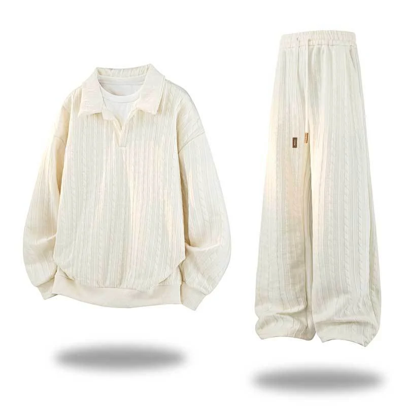 Herren Oversize Strukturiertes Lounge‑Set mit Polokragen, Zopfmuster‑Optik & weitem Bein Drune